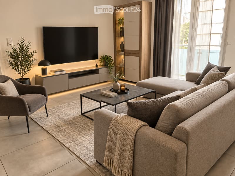 Modern living room with a grey sectional sofa, armchair, coffee table, TV stand, floor lamp, and decorative items.
