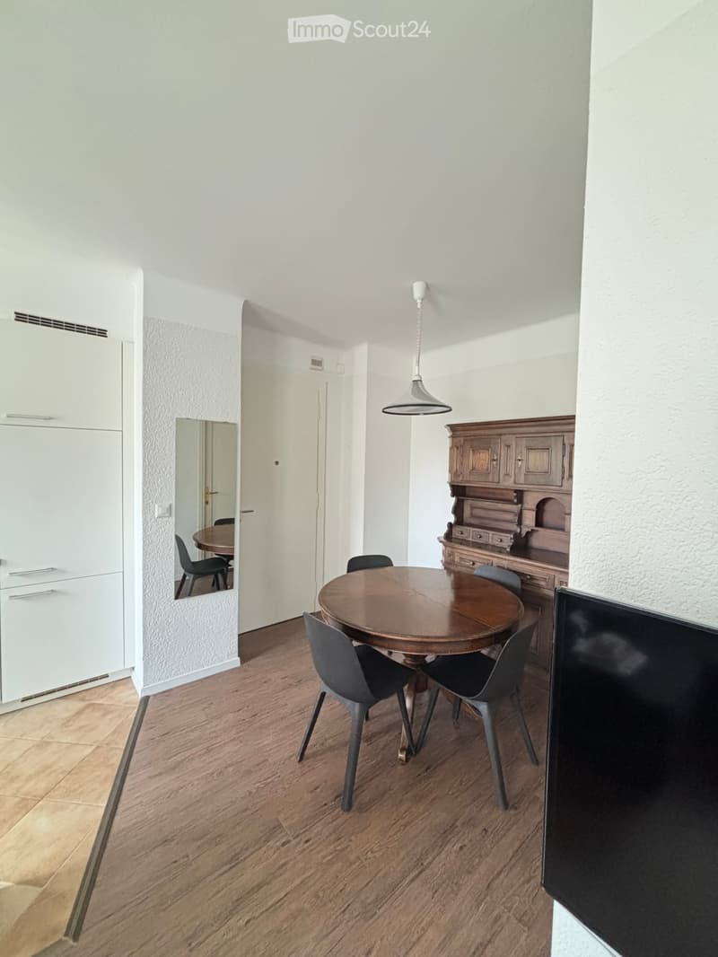 Dining area with a round wooden table, four modern chairs, a hanging pendant light, and a wooden cabinet with drawers and shelves.