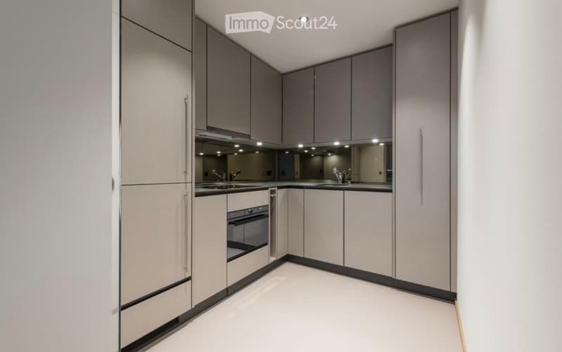 Modern kitchen with grey cabinets, a sink, an oven, and a faucet, featuring sleek design and built-in lighting.