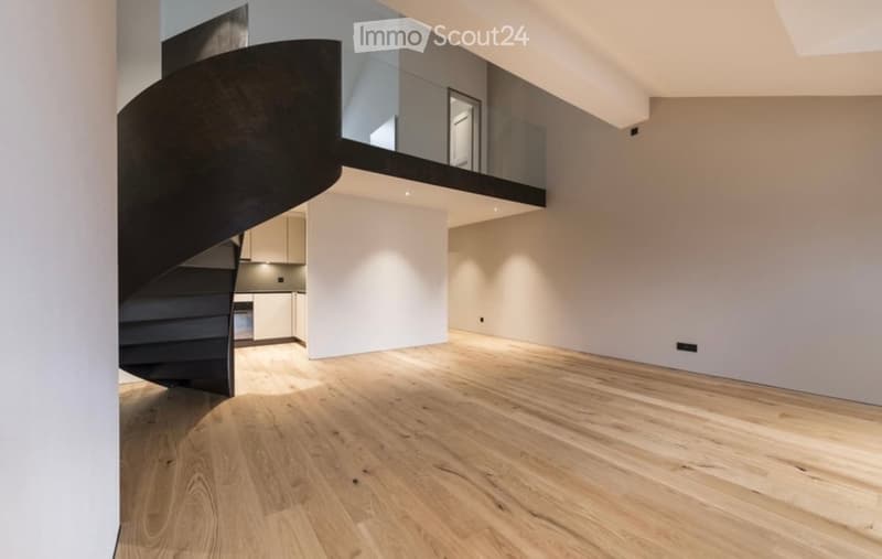 Open-plan space with light wooden flooring, white walls, and a modern black spiral staircase leading to an upper level with glass railing.