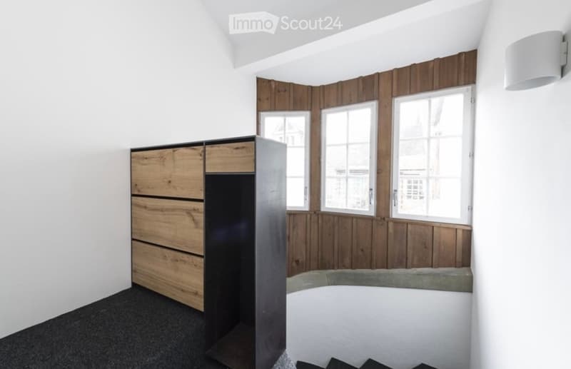 A modern, minimalist room with a wooden cabinet and a grey sofa, featuring large windows and a sleek, contemporary design.