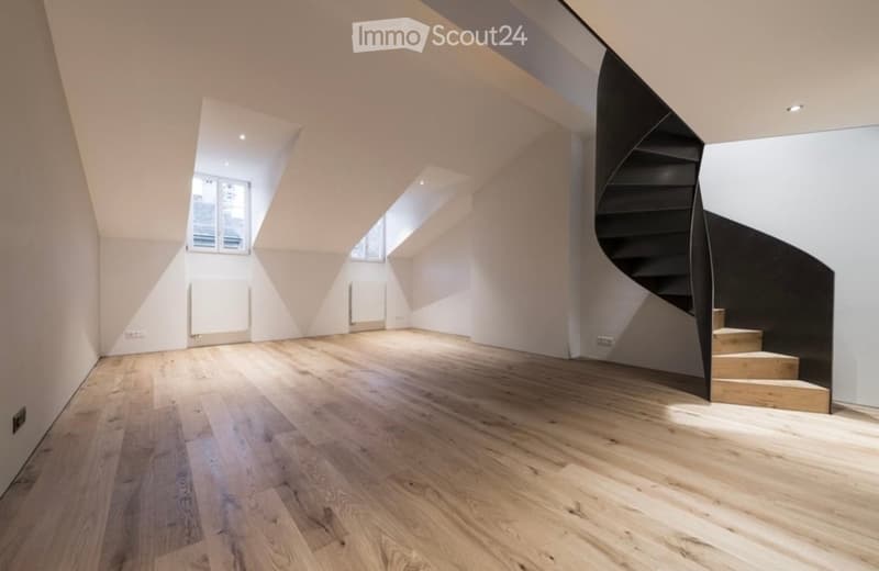 Bright, empty attic room with wooden flooring, white walls, and a modern black spiral staircase leading upwards. Two skylight windows provide natural light.