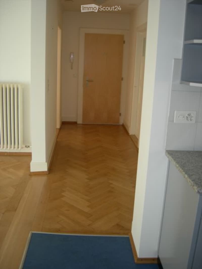 A narrow hallway with wooden herringbone flooring, white walls, and a blue doormat at the entrance. A radiator is visible on the left wall, and a door leads to another room.