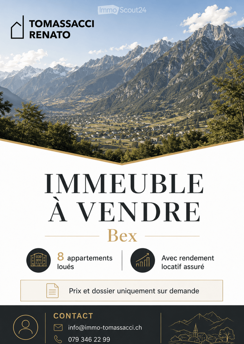 Promotional image for real estate in Bex, featuring a scenic mountain backdrop and text about apartments for sale.