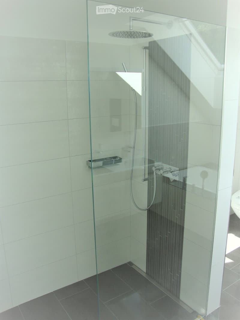 Modern shower area with a glass enclosure, a handheld showerhead, and a built-in shower tray. The walls are tiled in light grey, and the floor is dark grey.
