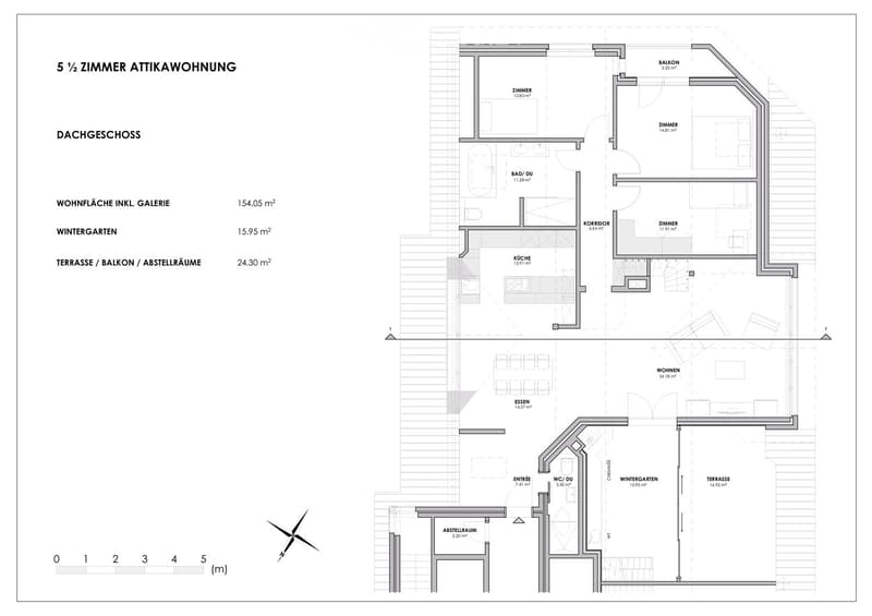 Floor plan of a 5.5-room penthouse on the roof floor, including living area, kitchen, dining area, bedrooms, bathrooms, winter garden, terrace, and storage space.