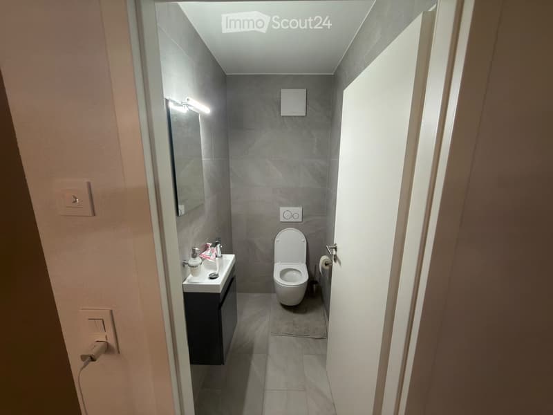 Modern bathroom with grey tiled walls, white toilet, sink with cabinet, and a mirror above it. The floor is tiled, and the space is well-lit with a light fixture above the mirror.