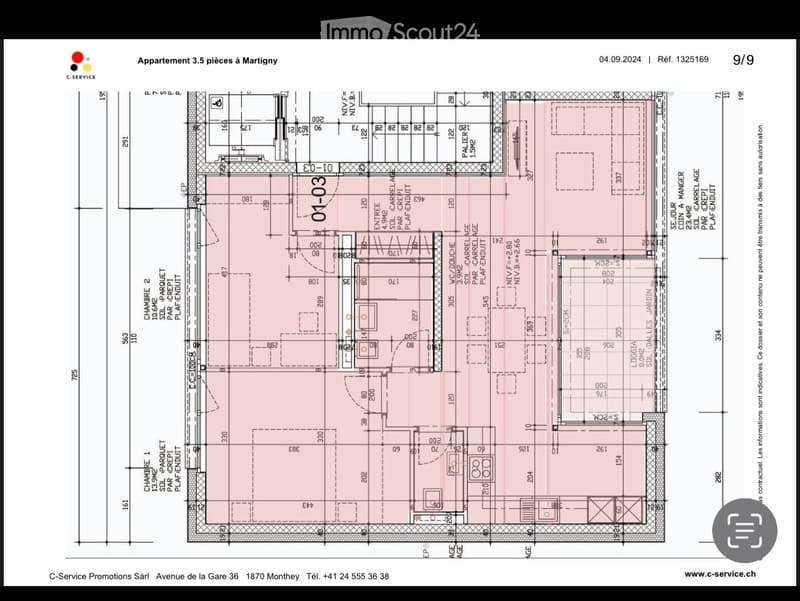 Floor plan of a 3.5-room apartment in Martigny, showing layout with rooms, dimensions, and structural details.