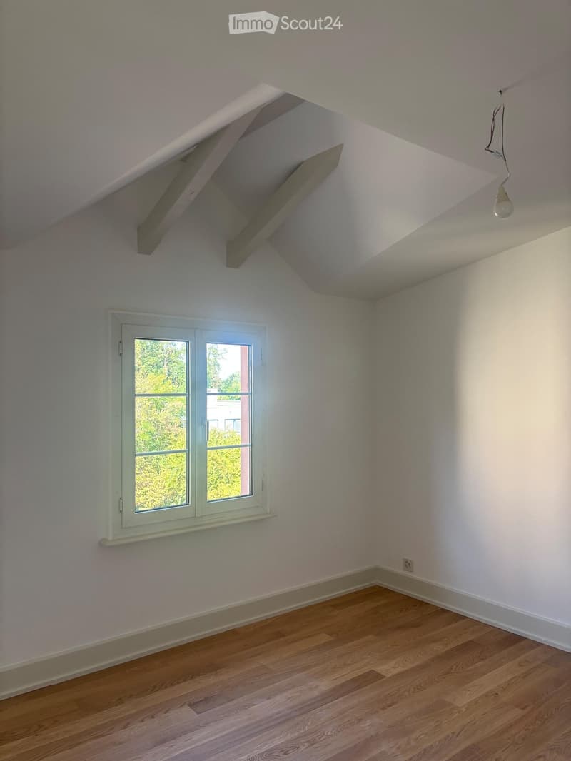 Empty room with wooden flooring, white walls, and a large window with white frame. The ceiling has a skylight opening and a single light fixture.