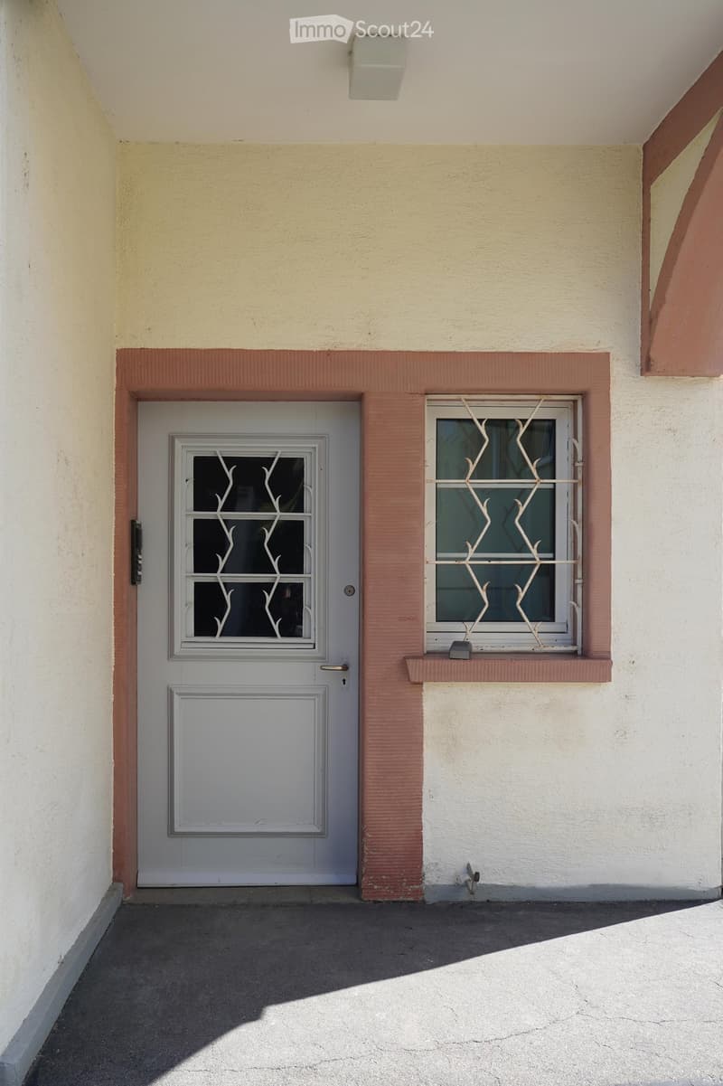 A narrow hallway with a grey door featuring a decorative glass panel and a window with a similar glass design. The walls are painted in a light cream color with a reddish-brown trim around the door and window.