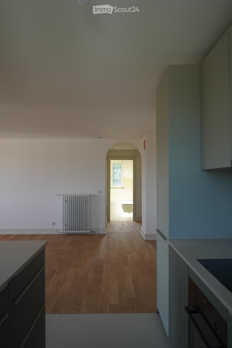 Empty hallway with wooden flooring, white walls, radiator on left, and an arched doorway leading to a room with a window and a toilet visible in the background.