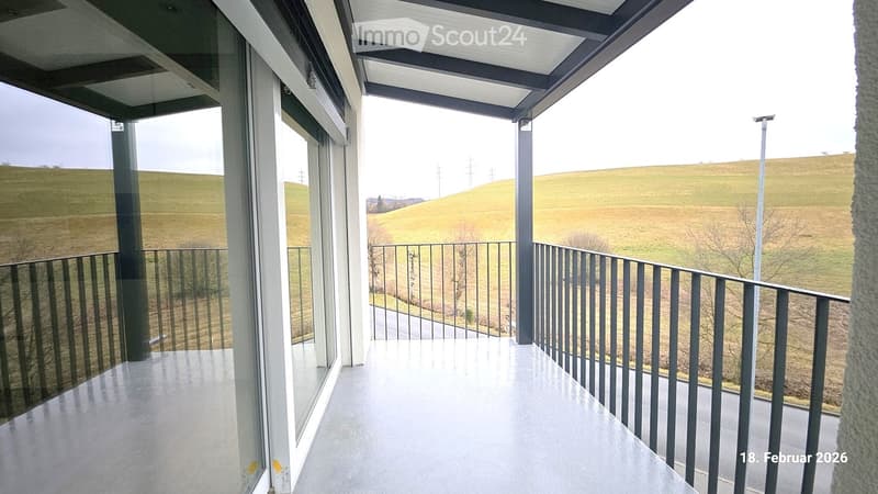 Terrace with railings, modern building, wide view of rural landscape