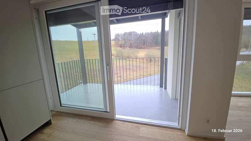 Balcony with sliding doors, wooden flooring, metal railings, view of the countryside