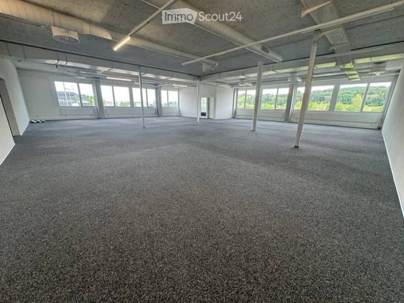 Empty industrial-style room with exposed concrete ceiling, large windows, and carpeted floor. No furniture or equipment present.