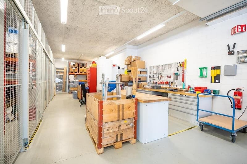 Workshop area with workbench, tool wall, ladder, storage boxes, and a cart.