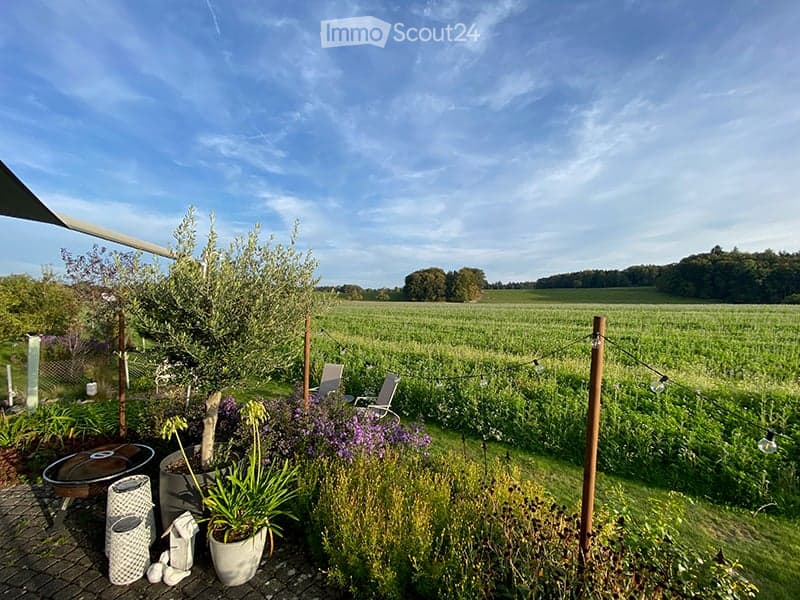 A peaceful garden area with a wooden deck, potted plants, lounge chairs, and a scenic view of a field and trees under a clear blue sky.