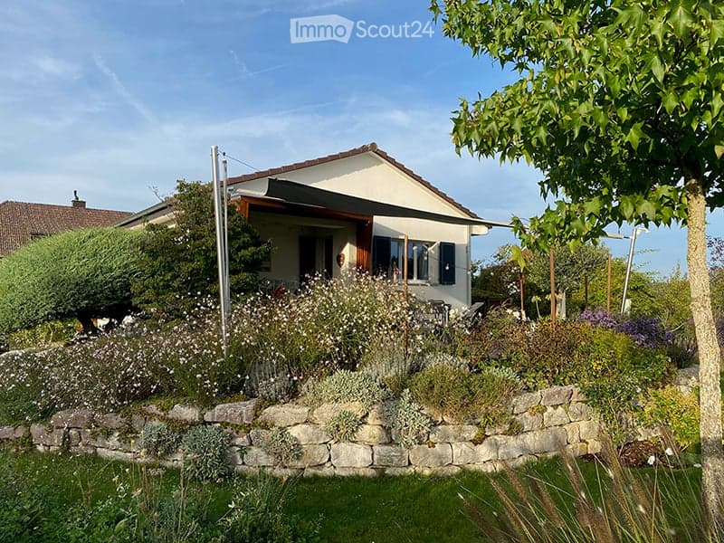 Single-story house with a pitched roof, white exterior, and a well-maintained garden with shrubs, flowers, and a stone wall.