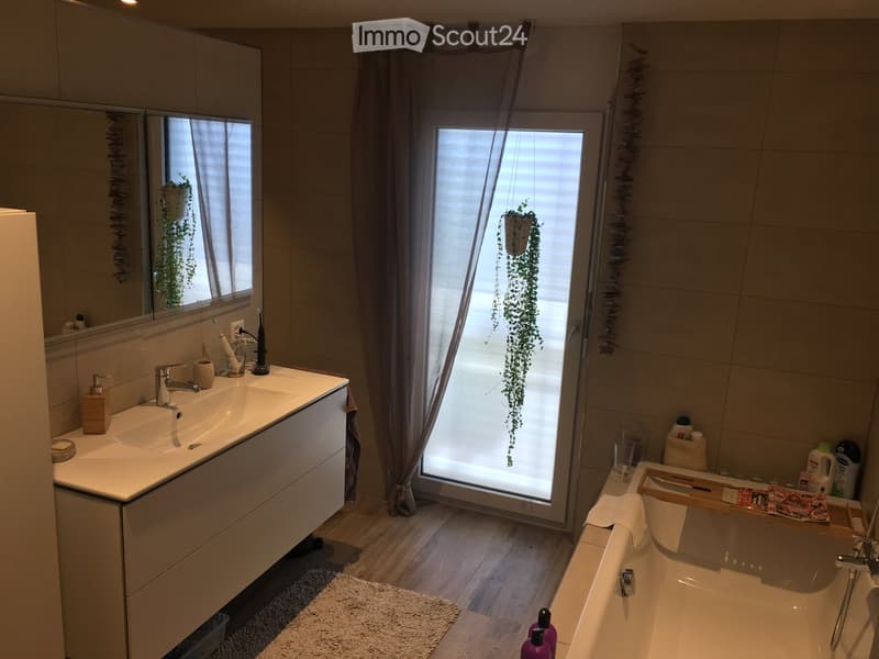 Modern bathroom with a double sink, large mirror, bathtub, and a window with a hanging plant. Includes a towel, toothbrush, and various toiletries.