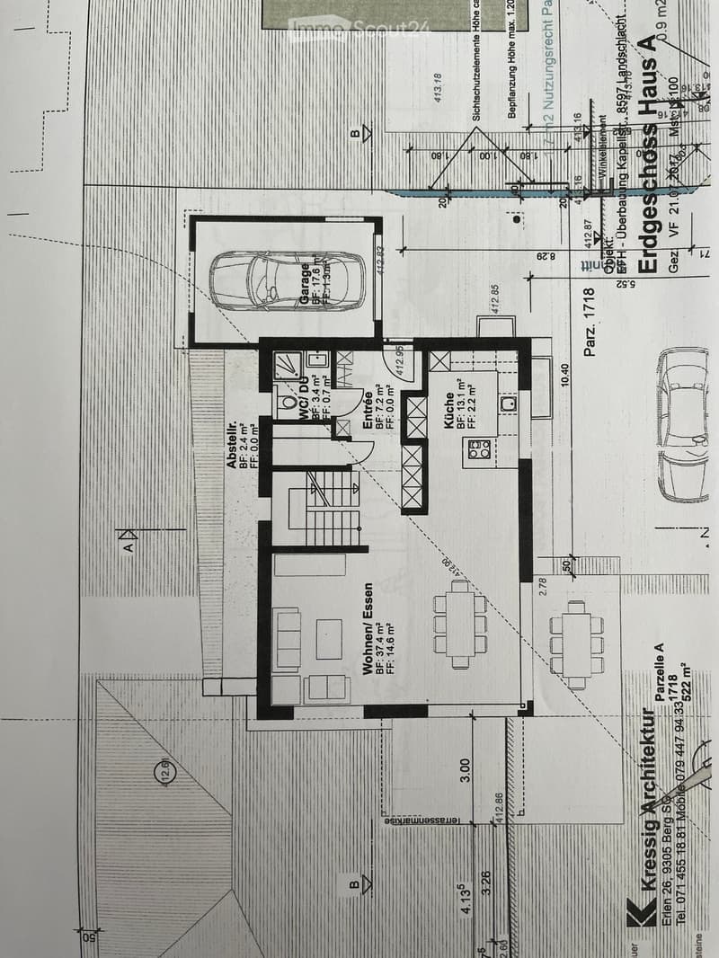 Floor plan of a house with labeled rooms including a kitchen, living/dining area, bedroom, bathroom, and garage.