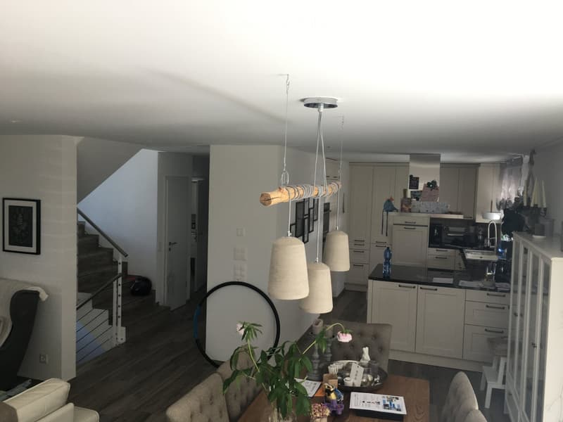 Open-plan living and dining area with a sofa, coffee table, dining table, and kitchen area with cabinets, sink, and appliances.