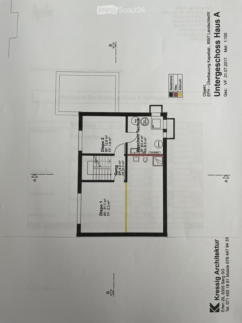Floor plan of Untergeschoss Haus A showing two rooms, a hallway, and a technical room with labeled dimensions and areas.