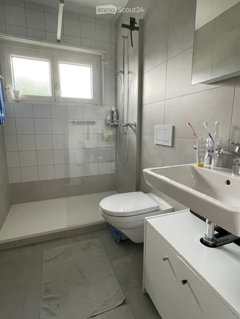 Modern bathroom with a white toilet, sink, and shower area. Features include a mirror, a small cabinet, and a toothbrush holder on the sink counter.