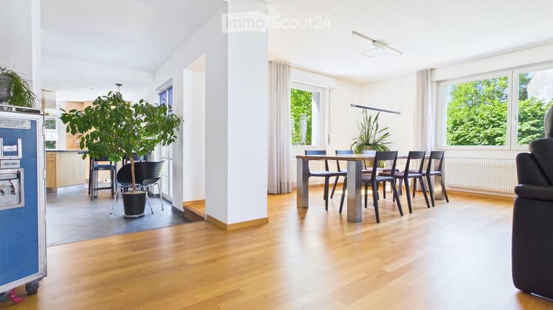 Bright, open-plan living and dining area with wooden flooring, large windows, a dining table with chairs, a sofa, and indoor plants.
