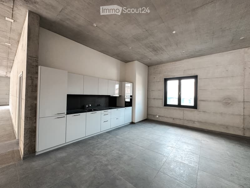 Modern kitchen with white cabinets, stainless steel sink, and built-in oven, featuring a large window and concrete walls.