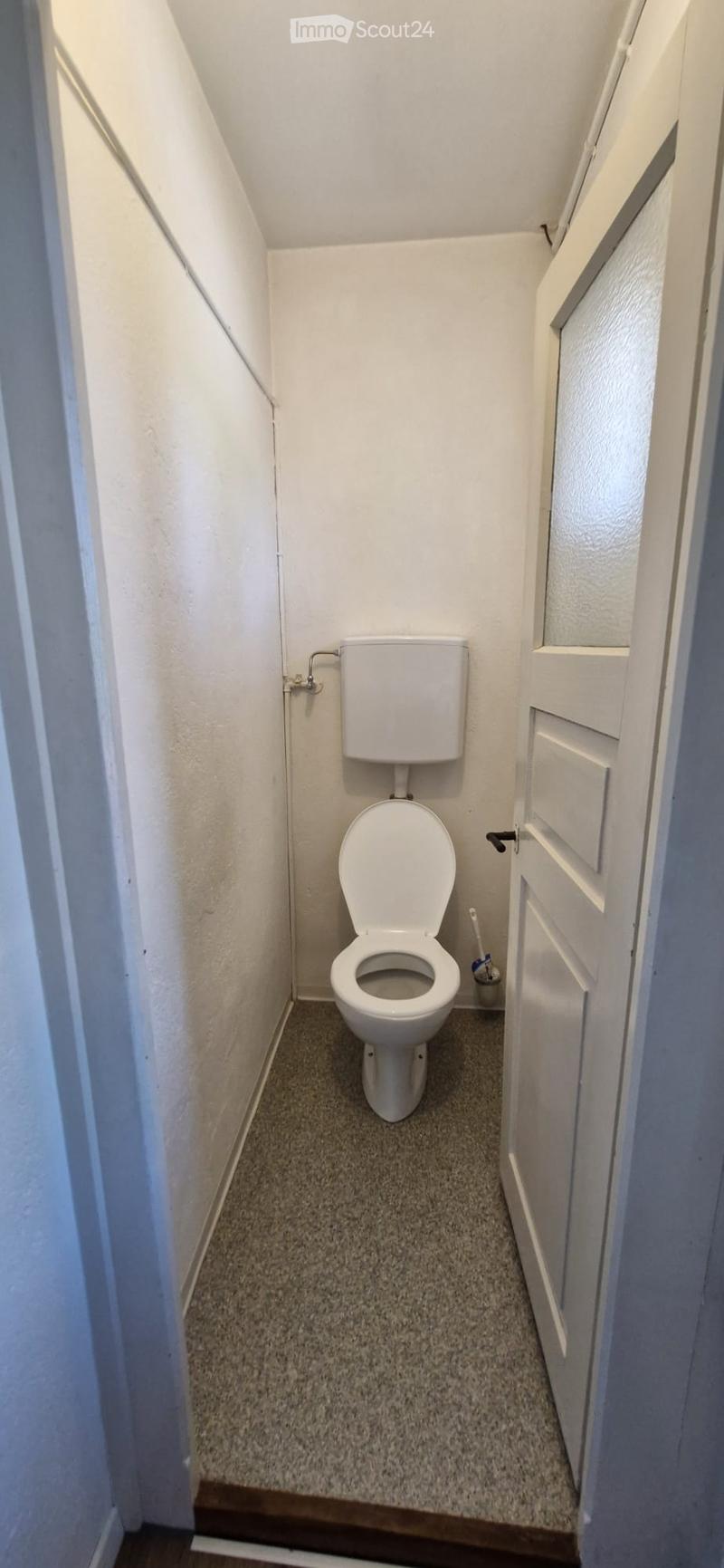 Small bathroom with a toilet, white walls, and a grey carpeted floor.