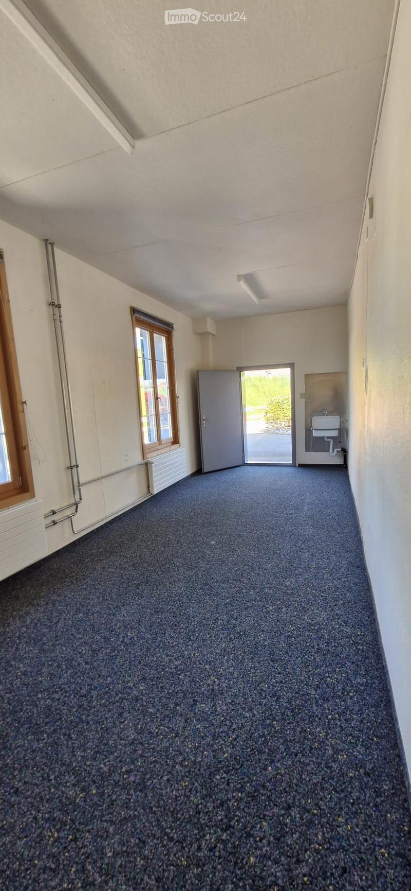 Empty room with blue carpeted floor, white walls, and a window with wooden frame. A door leads to an adjacent space with a sink.