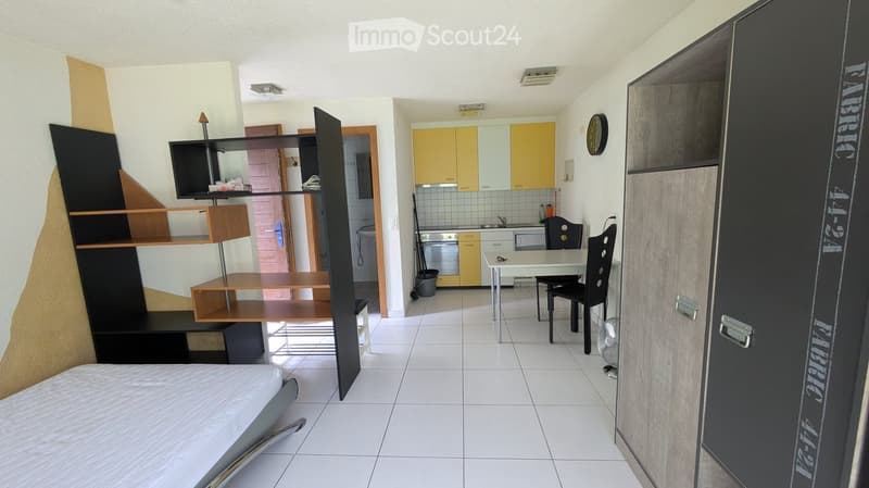 A modern, compact studio apartment with a bed, shelving unit, TV, small dining area, and a kitchenette with yellow cabinets and stainless steel appliances.