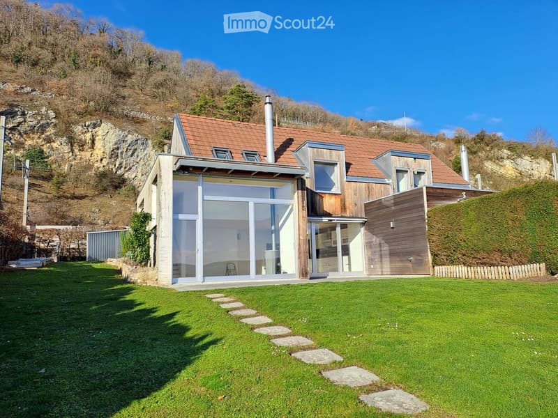 modern house, red roof, glass facade, wooden wall, concrete steps, spacious green lawn, rock formation in the background