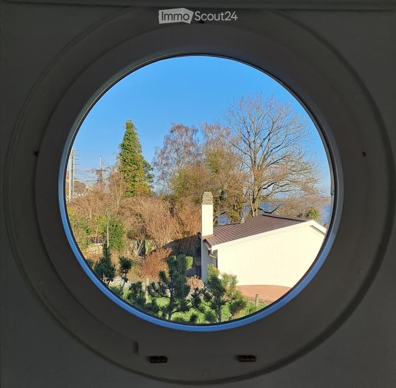 Circular window with a view of trees, bushes, and a house with a chimney.