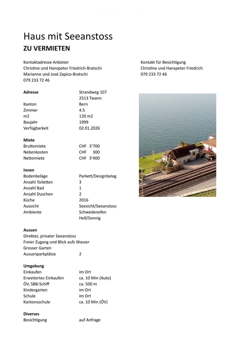 House with Seeanstoss: 4.5 rooms, 120 m2, built in 1999, CHF 3'700 rent, CHF 300 additional costs, CHF 3'400 net rent, 2016 built, wooden floors, 3 toilets, 1 bath, 2 showers, kitchen, view to the lake, private Seeanstoss, free access and view of the wate