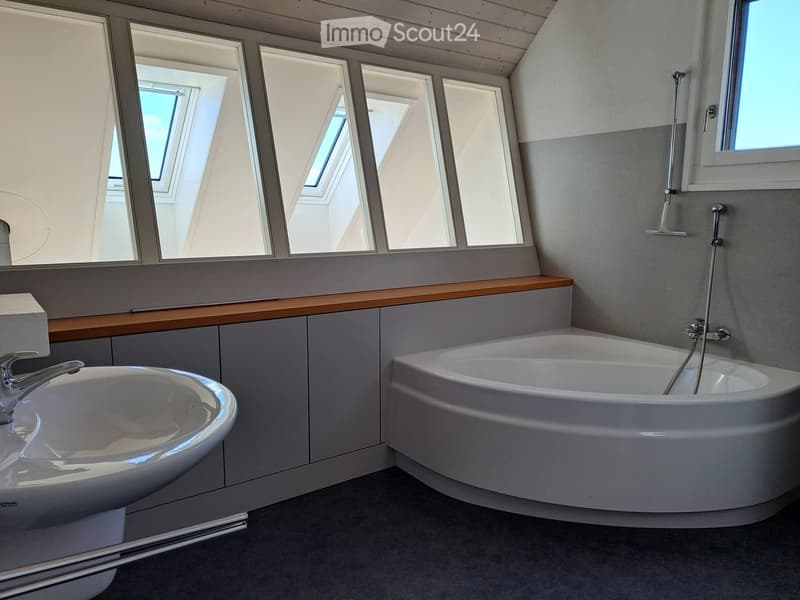 modern bathroom with bathtub, skylight windows, white sink, wooden cabinet, shower