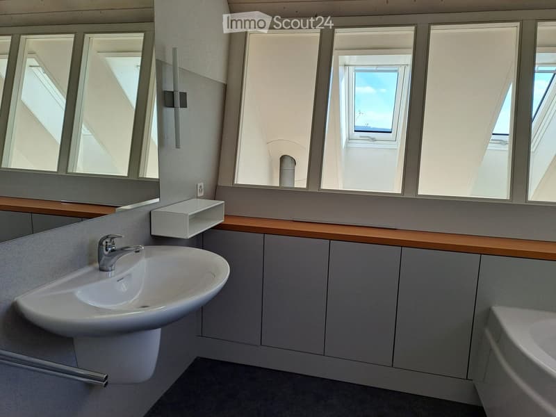 Bathroom with sink, bathtub, wall mounted mirror, and skylights
