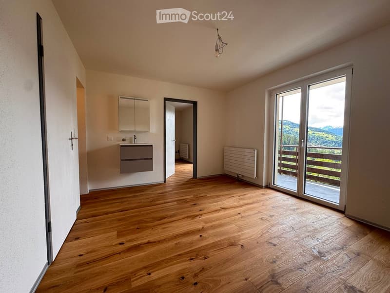 Empty room with wooden flooring, white walls, a small sink area with a cabinet, and a sliding glass door leading to a balcony with a scenic mountain view.