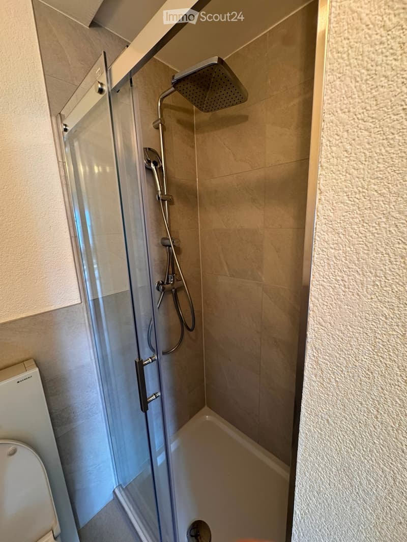 Modern bathroom with a glass-enclosed shower and a toilet. The shower features a handheld sprayer and a fixed overhead showerhead. The walls are tiled in a light beige color.