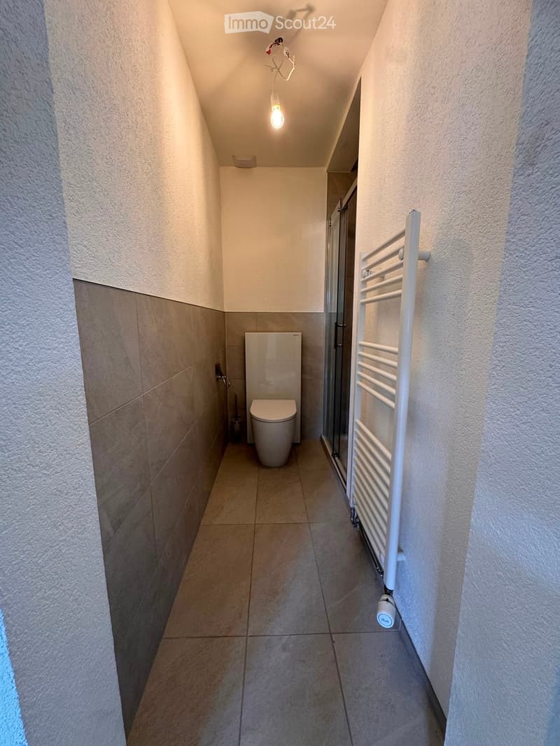 Modern bathroom with beige tiled walls and floor, a toilet, a white radiator, and a light fixture hanging from the ceiling.