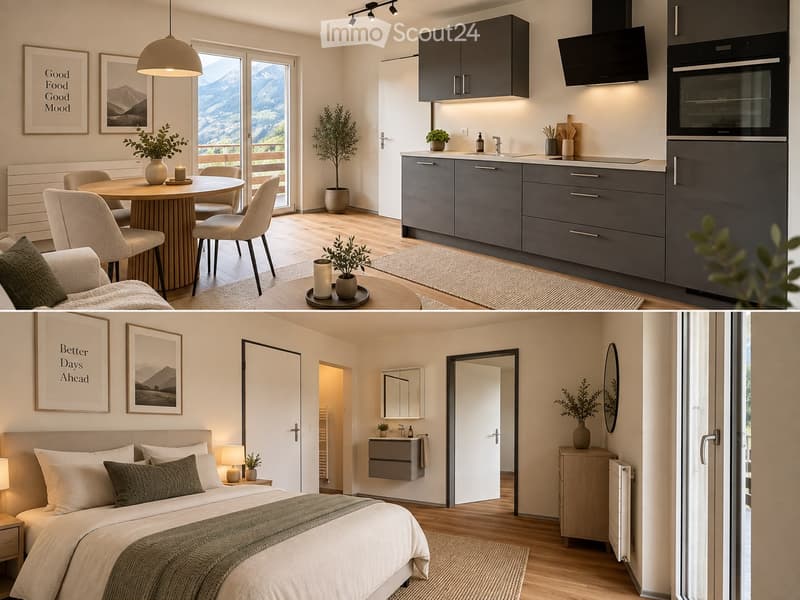 The image shows a modern, well-furnished living space with a kitchen and bedroom area. The kitchen features grey cabinets, a stainless steel sink, a refrigerator, and an oven. The living area includes a sofa, coffee table, and a dining table with chairs.