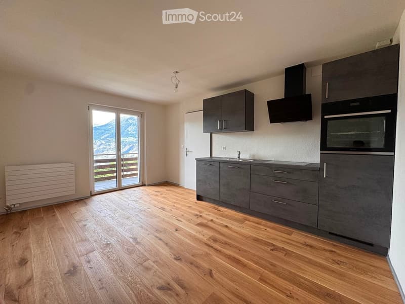 Modern kitchen with grey cabinets, wooden flooring, and a view of mountains through large glass doors.