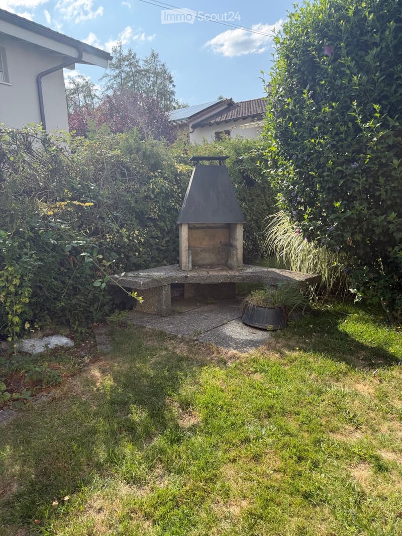 A small outdoor area with a stone barbecue, a stone table, and surrounding greenery, including bushes and trees.