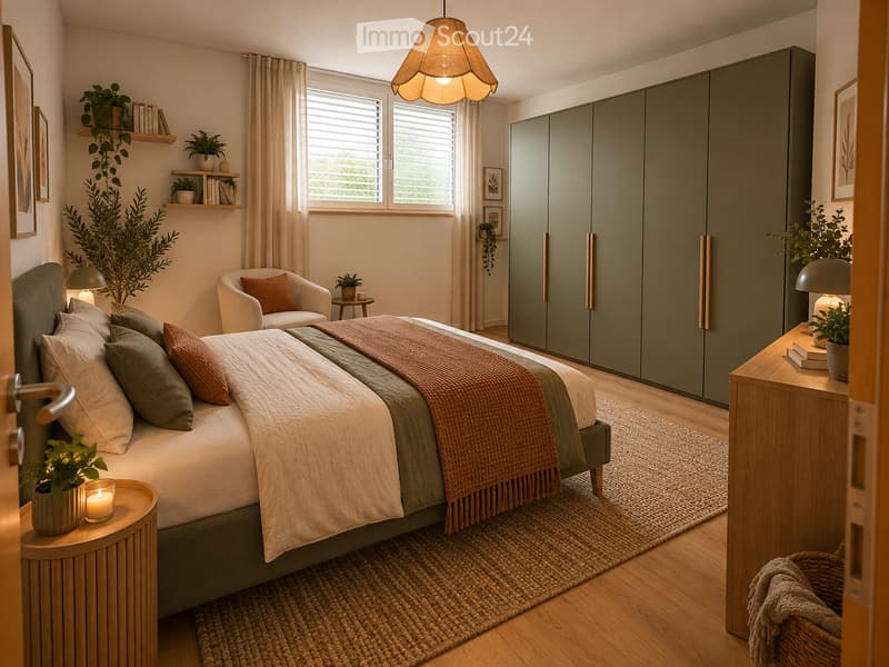 Modern bedroom with a large bed, nightstands, a chair, a small table, and a wardrobe. The room features wooden flooring, a woven rug, and several plants and decorative items.