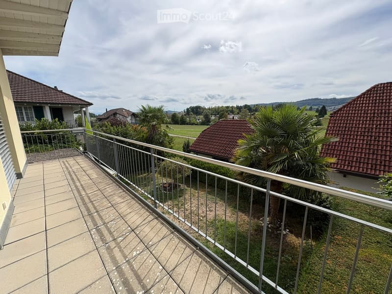 Balcony with tiled floor and metal railing, overlooking a residential area with houses, palm trees, and a field.