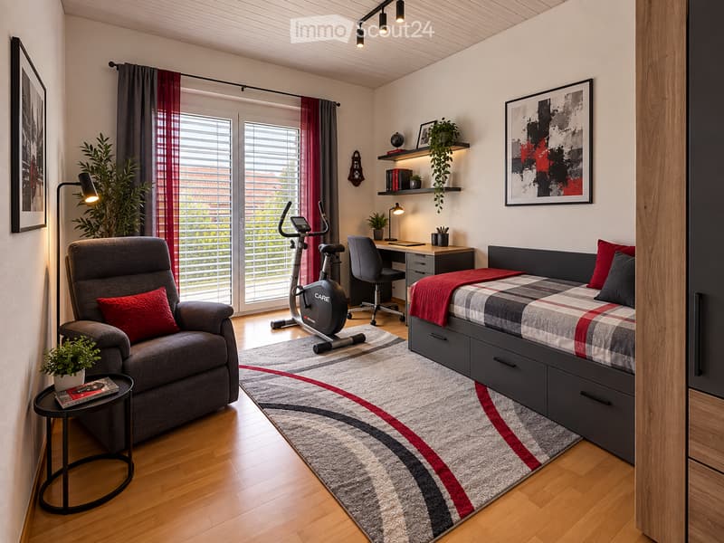 Modern bedroom with a grey sofa, exercise bike, desk, bed with drawers, and decorative elements like picture frames and plants.