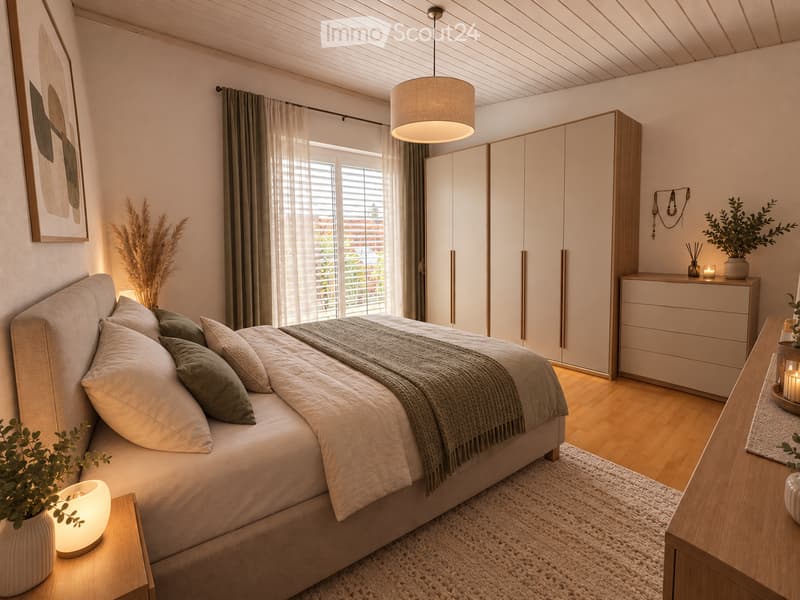 Modern bedroom with a large bed, nightstands, lamps, a wardrobe, and decorative plants.