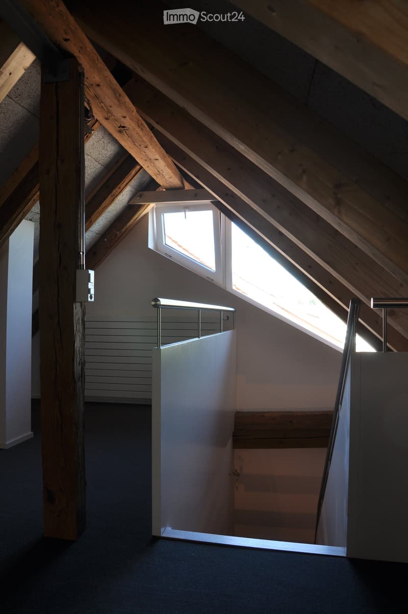 An attic corridor with exposed wooden beams, skylight windows, and a modern metal railing leading to a staircase.