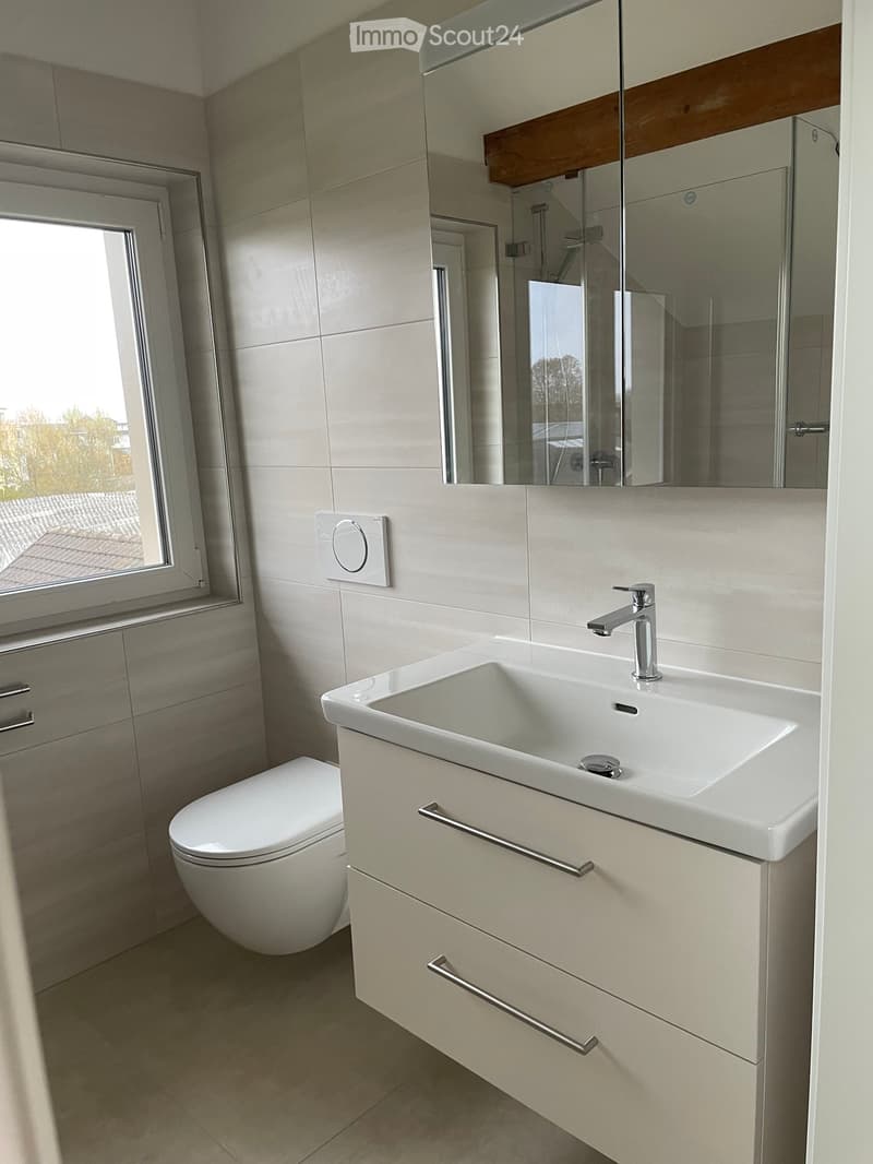 Modern bathroom with a white sink, chrome faucet, toilet, mirrored cabinet, and large window offering a view of the roof.
