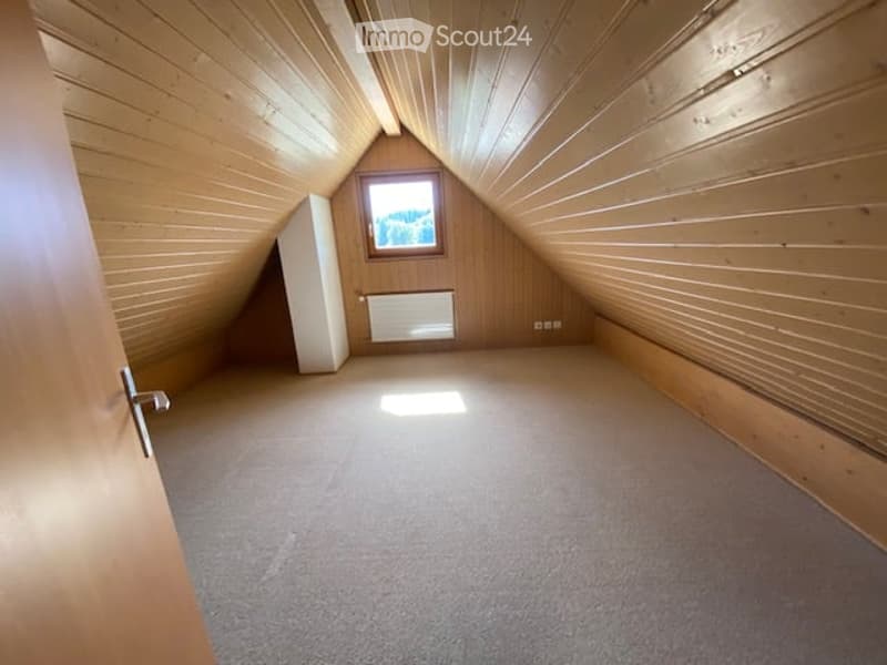 Empty attic room with wooden walls and ceiling, skylight window, and carpeted floor.