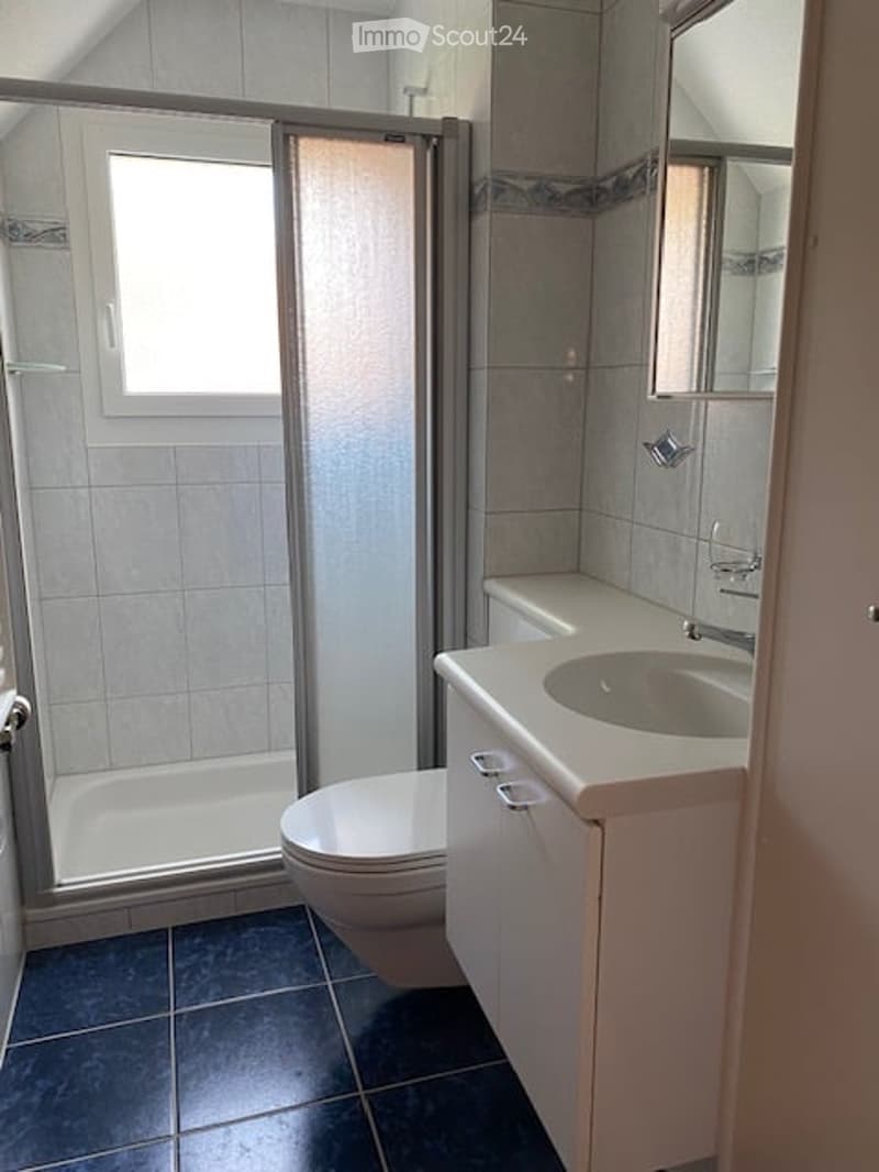Modern bathroom with white tiles, a toilet, a sink with a cabinet, a mirror, and a glass-enclosed shower. Blue tiles on the floor.